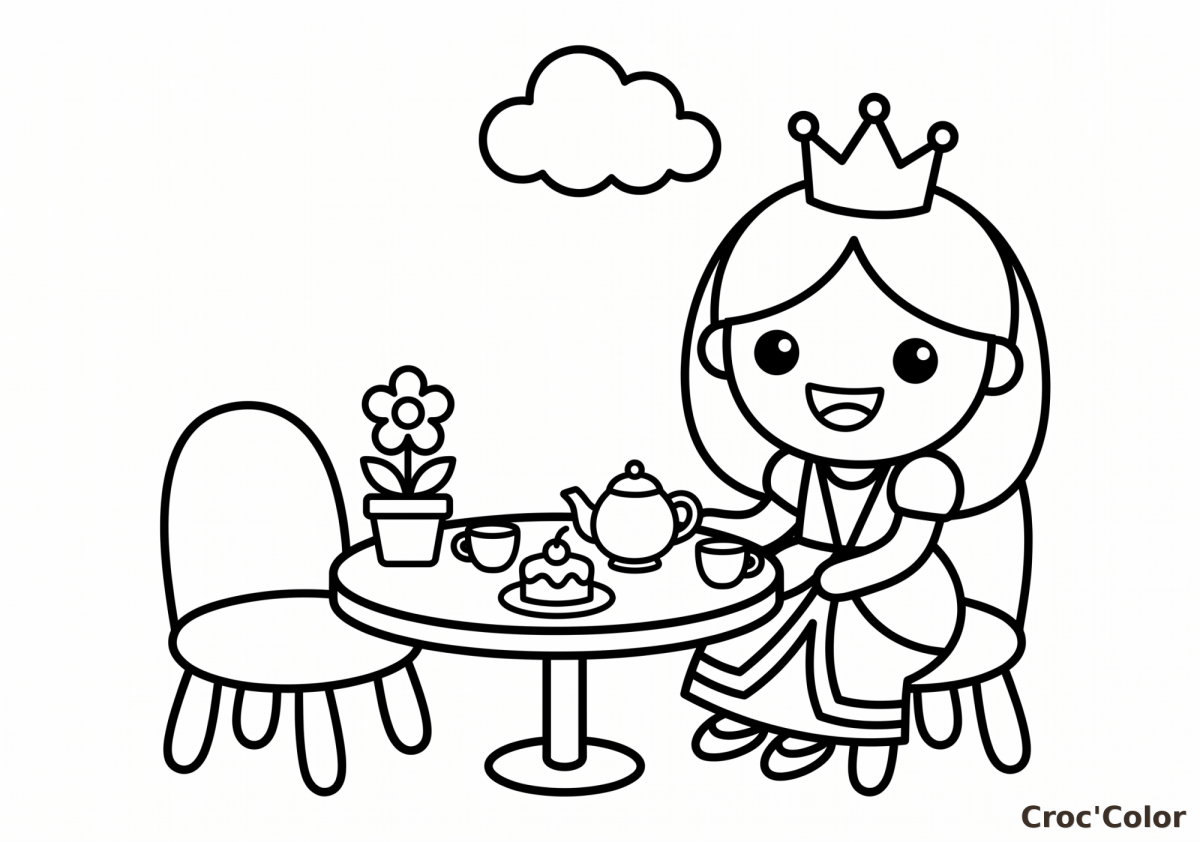 Coloriage Petite Princesse Prend le Thé - Dessin Dînette Maternelle à Imprimer