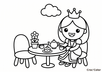 Coloriage Petite Princesse Prend le Thé - Dessin Dînette Maternelle à Imprimer