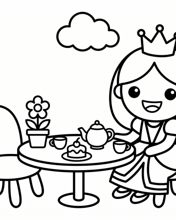 Coloriage Petite Princesse Prend le Thé - Dessin Dînette Maternelle à Imprimer
