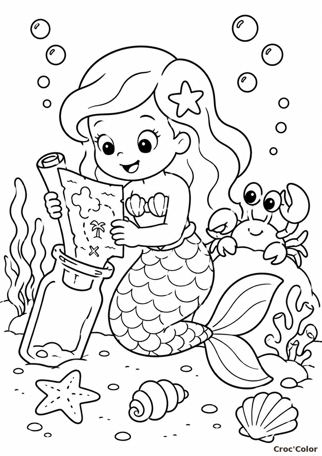 Coloriage Petite Sirène Carte au Trésor - Dessin Sirène, Bouteille à la Mer, Crabe et Fonds Marins à Imprimer Gratuit