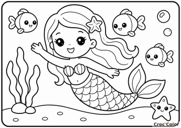 Coloriage Petite Sirène Facile Maternelle - Dessin Poisson et Mer à Imprimer Gratuit
