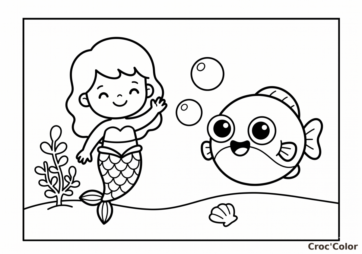 Coloriage Petite Sirène et Gros Poisson Facile - Dessin Maternelle à Imprimer Gratuit