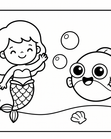 Coloriage Petite Sirène et Gros Poisson Facile - Dessin Maternelle à Imprimer Gratuit