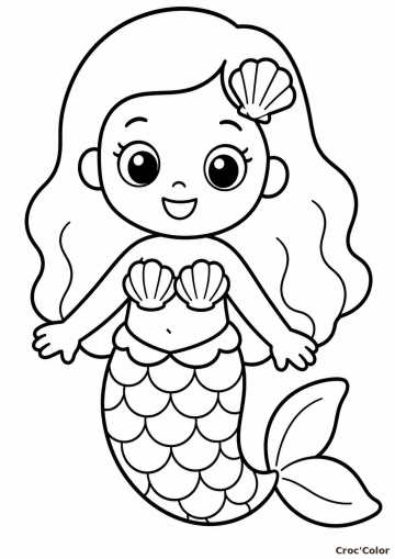 Coloriage Petite Sirène Kawaii Facile Maternelle - Dessin Sirène Mignonne, Coquillages et Écailles à Imprimer Gratuit