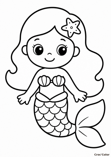 Coloriage Petite Sirène Mignonne Facile - Dessin Sirène Chibi avec Étoile de Mer à Imprimer Gratuit
