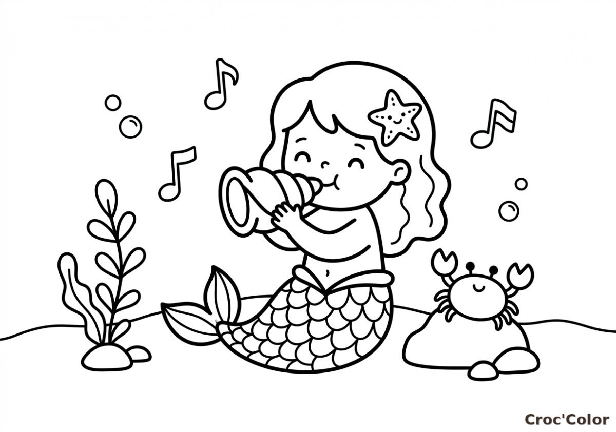 Coloriage Petite Sirène Musique Maternelle - Dessin Coquillage et Crabe à Imprimer