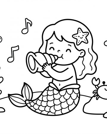 Coloriage Petite Sirène Musique Maternelle - Dessin Coquillage et Crabe à Imprimer