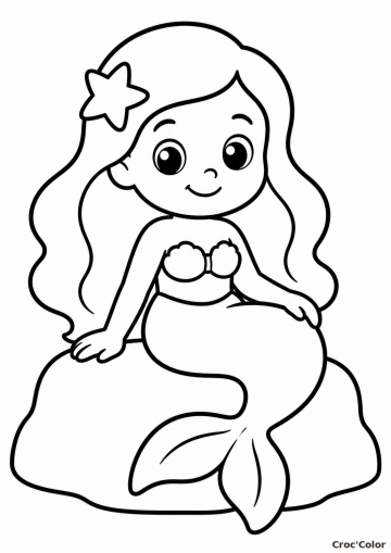 Coloriage Petite Sirène sur son Rocher Facile - Dessin Sirène Maternelle à Imprimer Gratuit