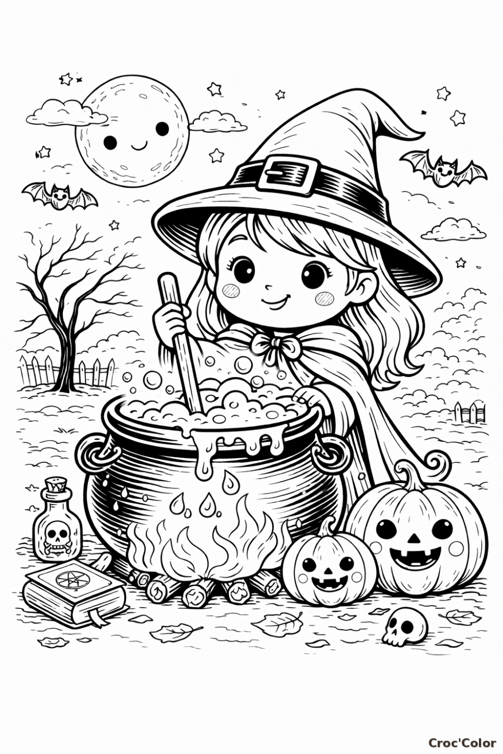 Coloriage Petite Sorcière Kawaii et son Chaudron Magique - Halloween à Imprimer
