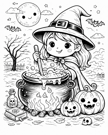 Coloriage Petite Sorcière Kawaii et son Chaudron Magique - Halloween à Imprimer