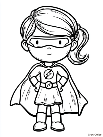 Coloriage Petite Super-Héroïne Facile Maternelle - Dessin Fille Masquée, Cape, Éclair et Bottes à Imprimer Gratuit