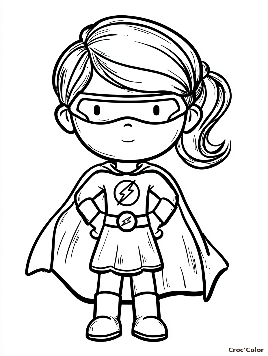 Coloriage Petite Super-Héroïne Facile Maternelle - Dessin Fille Masquée, Cape, Éclair et Bottes à Imprimer Gratuit