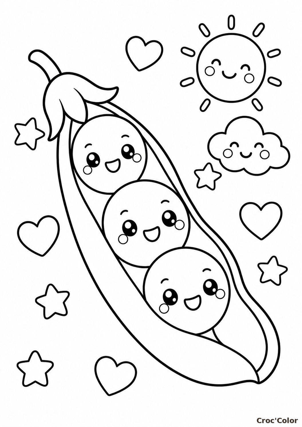 Coloriage Petits Pois Kawaii Rigolos - Dessin de Légume Facile à Imprimer