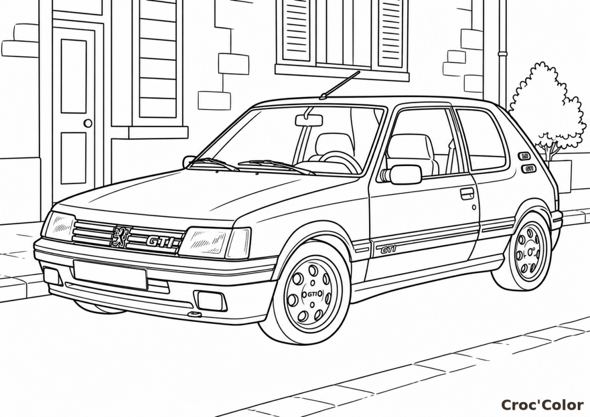 Coloriage Peugeot 205 GTI Facile - Dessin Voiture de Sport Rétro Mythique à Imprimer Gratuit