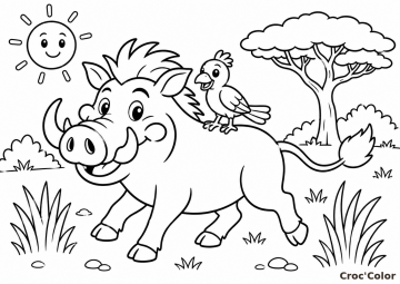 Coloriage Phacochère et Oiseau dans la Savane - Dessin Phacochère Mignon, Soleil et Acacia à Imprimer Gratuit