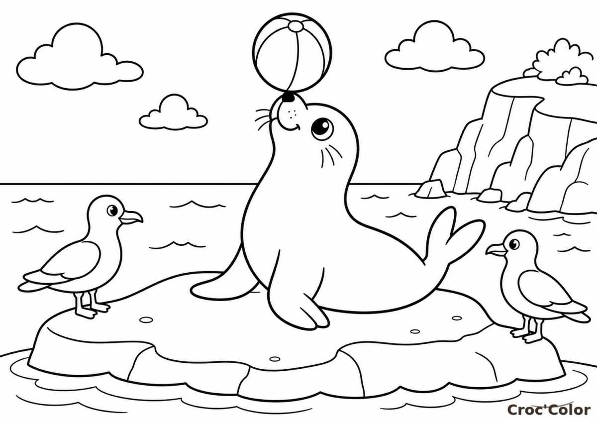 Coloriage Phoque sur son Rocher avec un Ballon - Dessin Otarie et Mouettes à Imprimer Gratuit