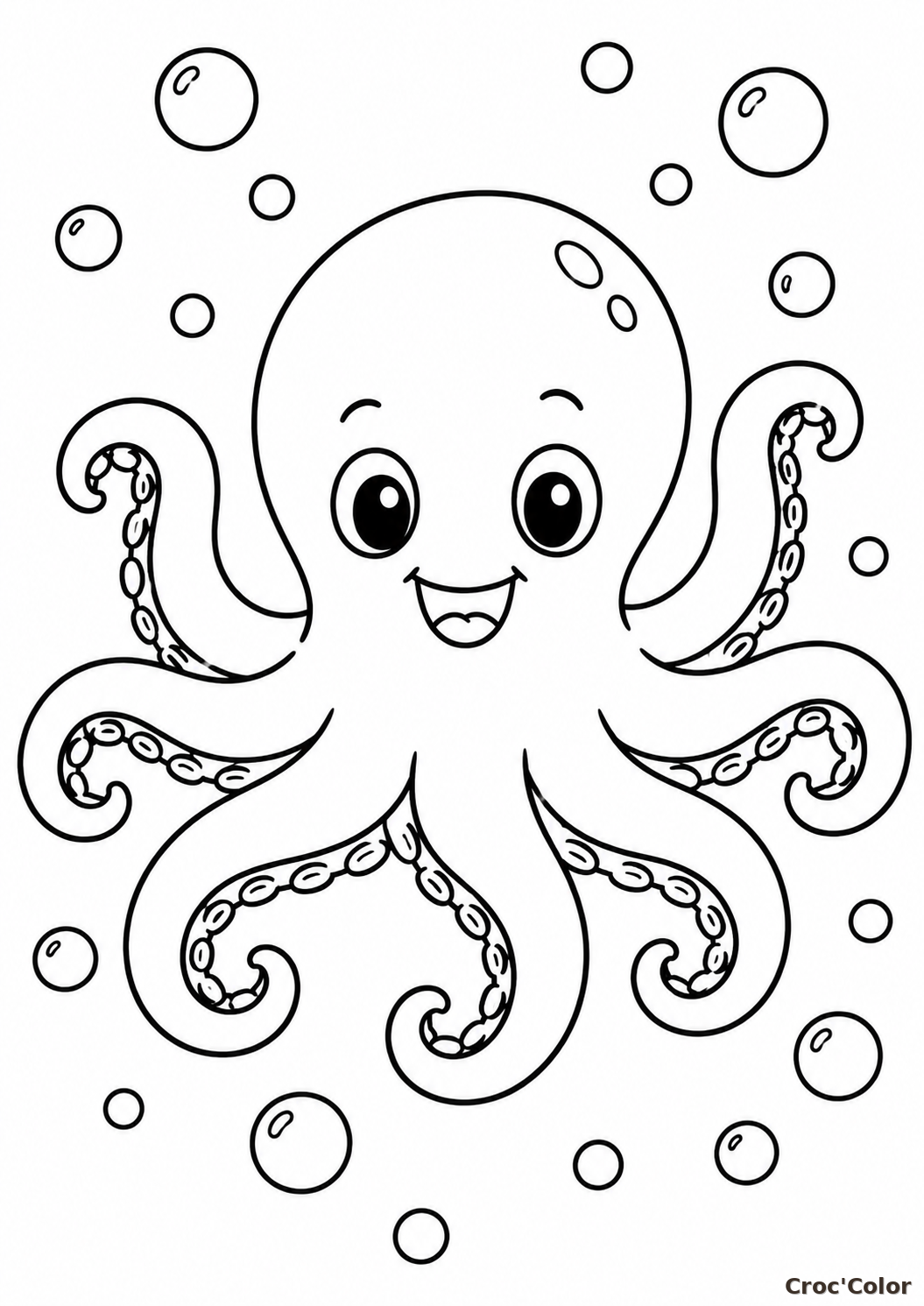Coloriage Pieuvre Facile Maternelle - Dessin Poulpe Mignon avec Bulles à Imprimer Gratuit