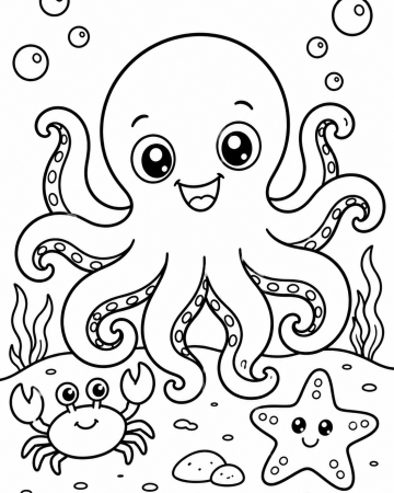 Coloriage Pieuvre Maternelle Facile - Dessin Poulpe Rigolo et Étoile de Mer à Imprimer Gratuit