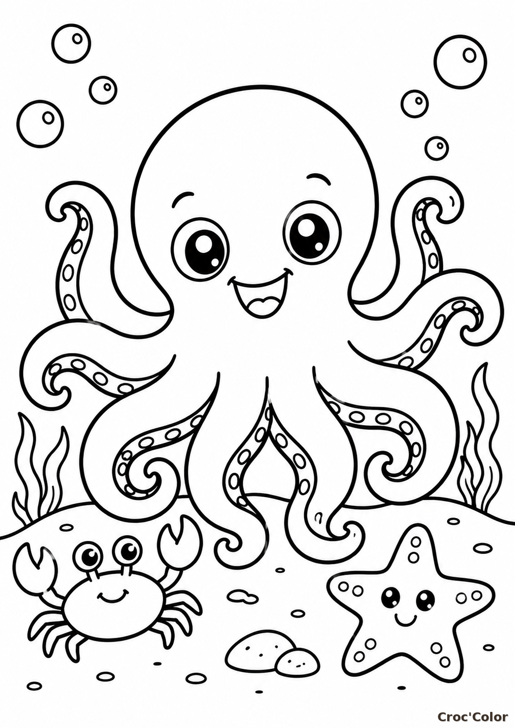 Coloriage Pieuvre Maternelle Facile - Dessin Poulpe Rigolo et Étoile de Mer à Imprimer Gratuit
