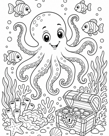 Coloriage pieuvre sous la mer avec trésor - Dessin marin à imprimer