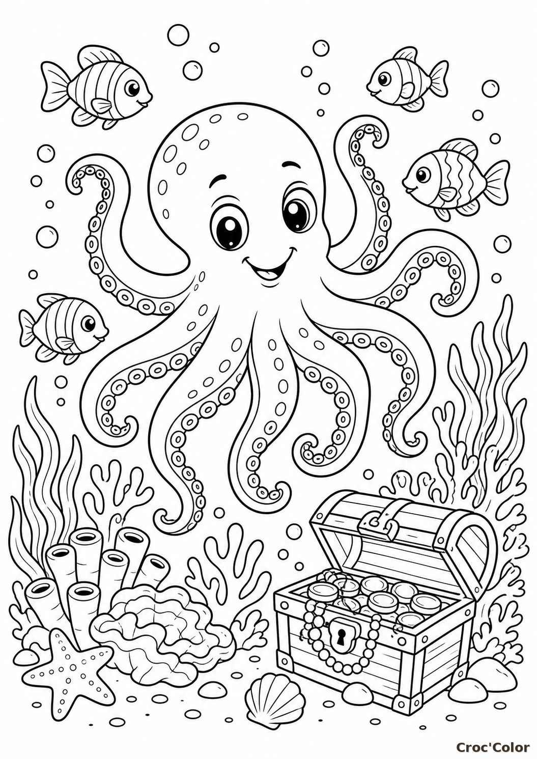 Coloriage pieuvre sous la mer avec trésor - Dessin marin à imprimer