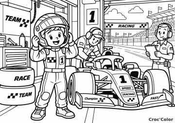 Coloriage Pilote de Course et Formule 1 Facile - Dessin Garage Stand, Mécaniciens, Casque et Voiture à Imprimer Gratuit