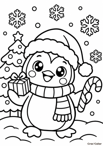 Coloriage Pingouin de Noël Kawaii Facile – Dessin Petit Manchot, Bonnet, Écharpe, Cadeau et Sucre d&rsquo;Orge à Imprimer Gratuit