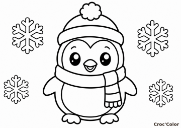 Coloriage Pingouin d'Hiver Facile Maternelle - Dessin Petit Manchot Bonnet et Flocons à Imprimer Gratuit