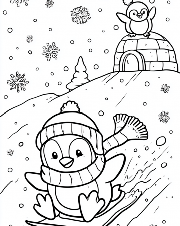 Coloriage Pingouin Hiver Facile - Dessin Manchot sur une Luge à Imprimer Gratuit