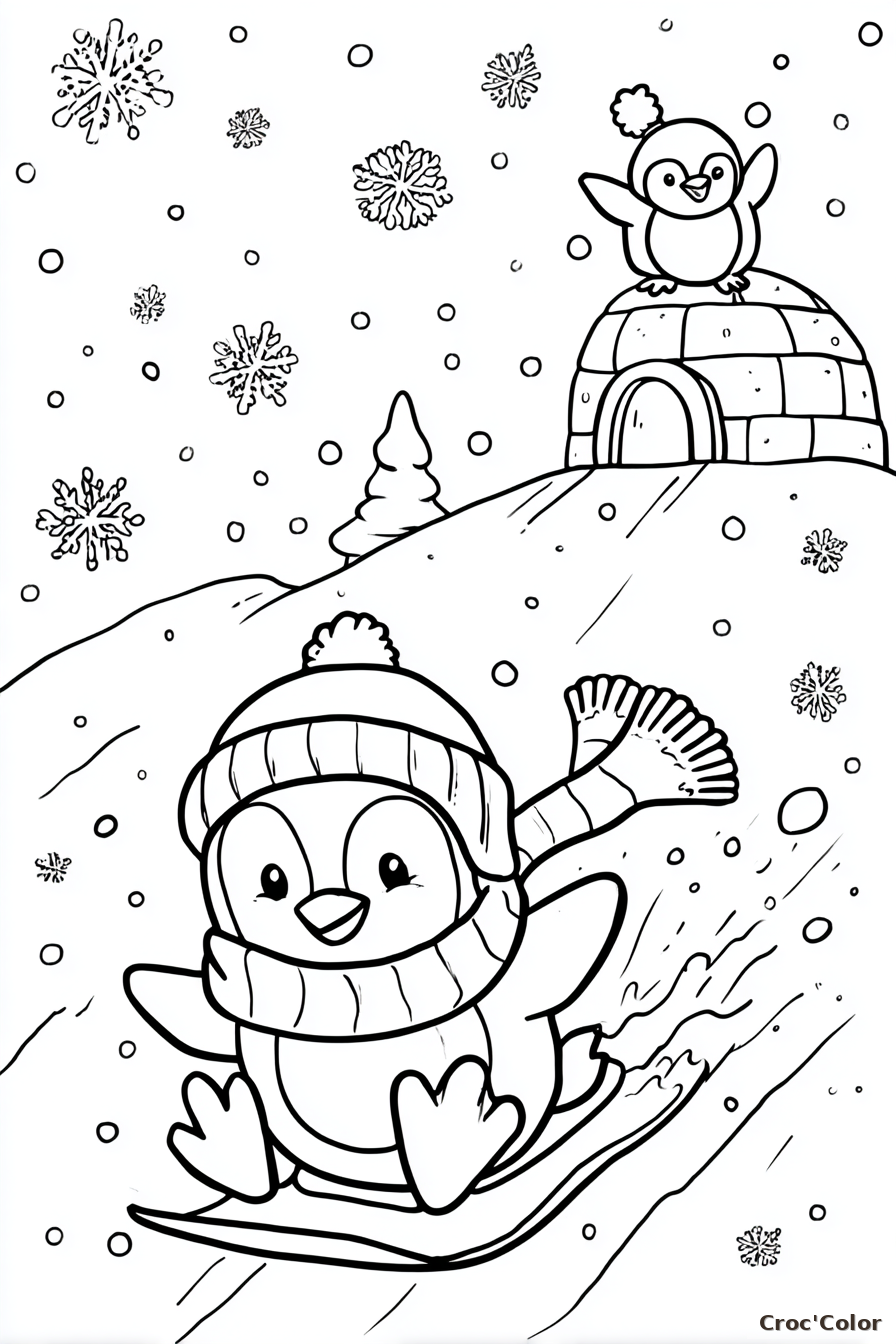 Coloriage Pingouin Hiver Facile - Dessin Manchot sur une Luge à Imprimer Gratuit