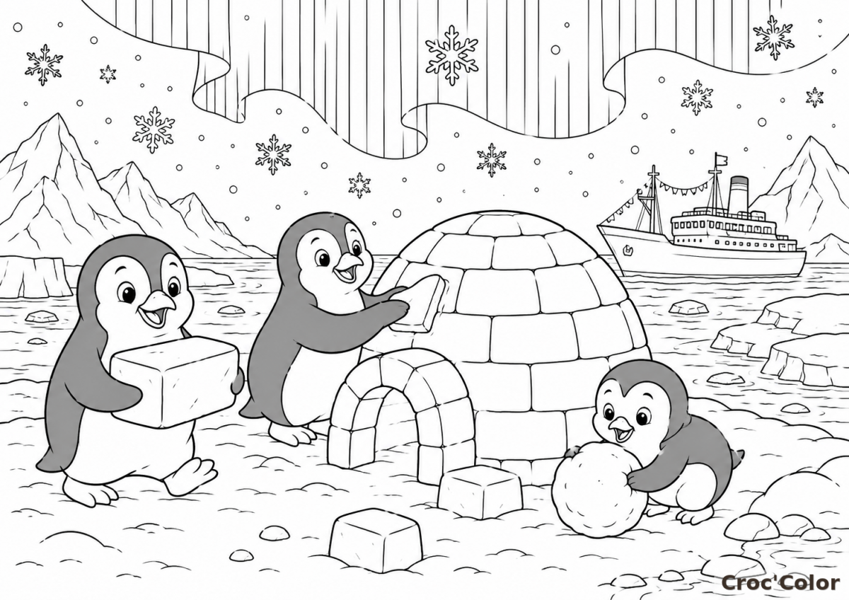 Coloriage Pingouins Construisent un Igloo - Dessin Banquise et Aurore Boréale à Imprimer Gratuit