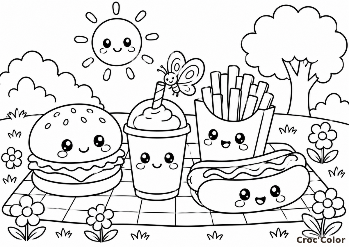 Coloriage Pique-Nique Fast-Food Kawaii Facile - Dessin Burger, Frites, Hot-Dog et Soda à Imprimer Gratuit