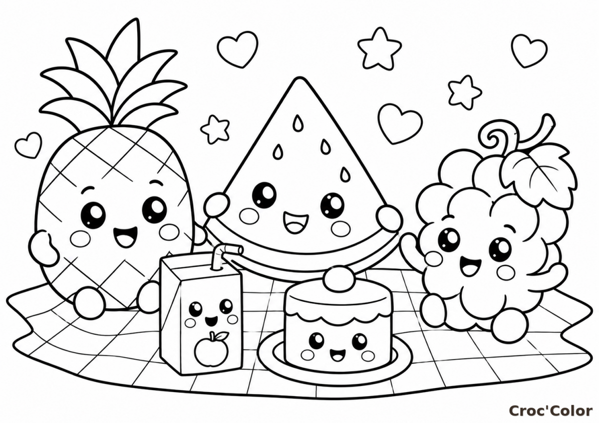 Coloriage Pique-Nique de Fruits Kawaii - Dessin Ananas Pastèque Raisin Facile à Imprimer Gratuit