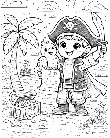 Coloriage Pirate Facile - Dessin Île au Trésor et Perroquet à Imprimer Gratuit