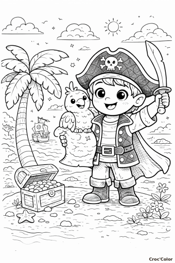Coloriage Pirate Facile - Dessin Île au Trésor et Perroquet à Imprimer Gratuit