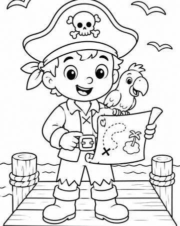 Coloriage Pirate Facile Maternelle - Dessin Petit Pirate avec Carte et Perroquet à Imprimer Gratuit