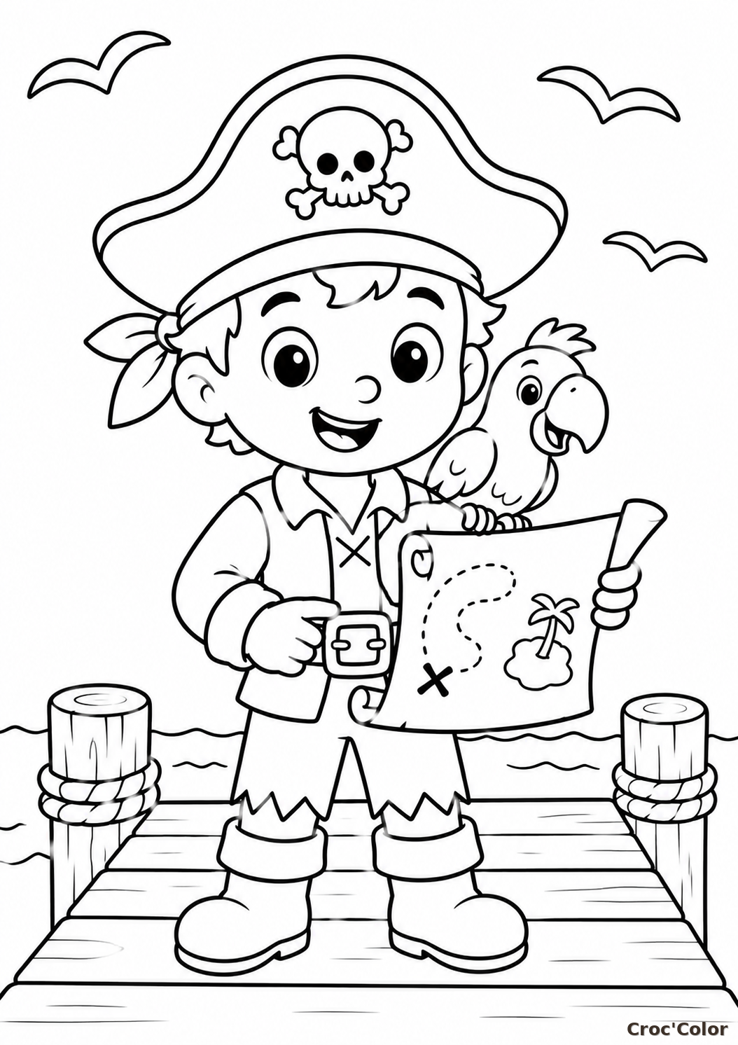 Coloriage Pirate Facile Maternelle - Dessin Petit Pirate avec Carte et Perroquet à Imprimer Gratuit