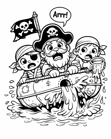 Coloriage Pirates sur un Bateau Rigolo - Dessin Trois Petits Pirates à Imprimer Gratuit