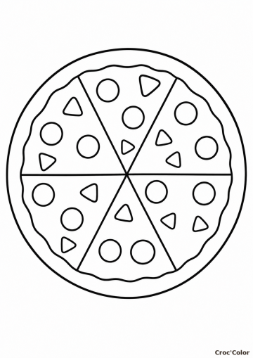 Coloriage Pizza Facile Maternelle – Dessin Pizza Ronde en 6 Parts, Pepperoni et Triangles à Imprimer Gratuit