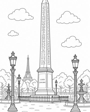 Coloriage Obélisque de la Concorde et Paris - Dessin Patrimoine à Imprimer