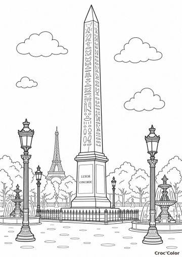 Coloriage Obélisque de la Concorde et Paris - Dessin Patrimoine à Imprimer