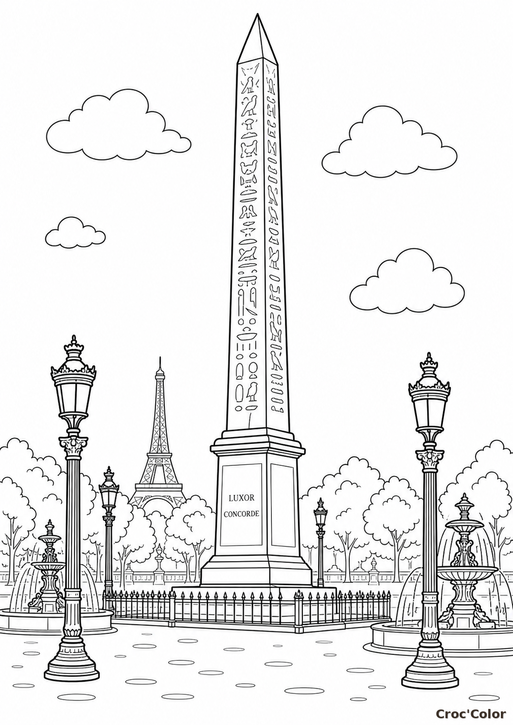 Coloriage Obélisque de la Concorde et Paris - Dessin Patrimoine à Imprimer
