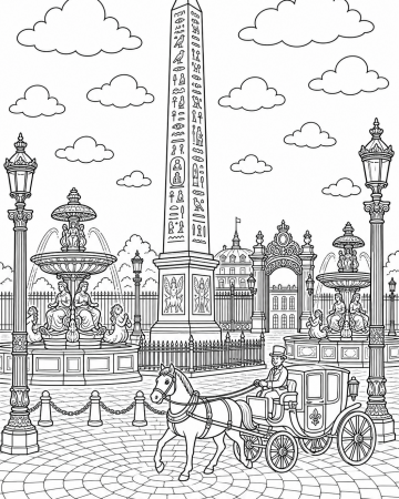 Coloriage Place de la Concorde et Obélisque de Louxor - Dessin Paris Historique à Imprimer