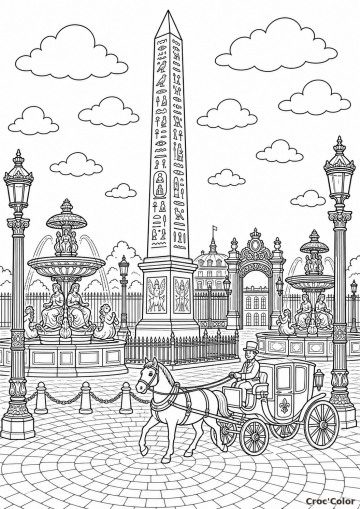 Coloriage Place de la Concorde et Obélisque de Louxor - Dessin Paris Historique à Imprimer