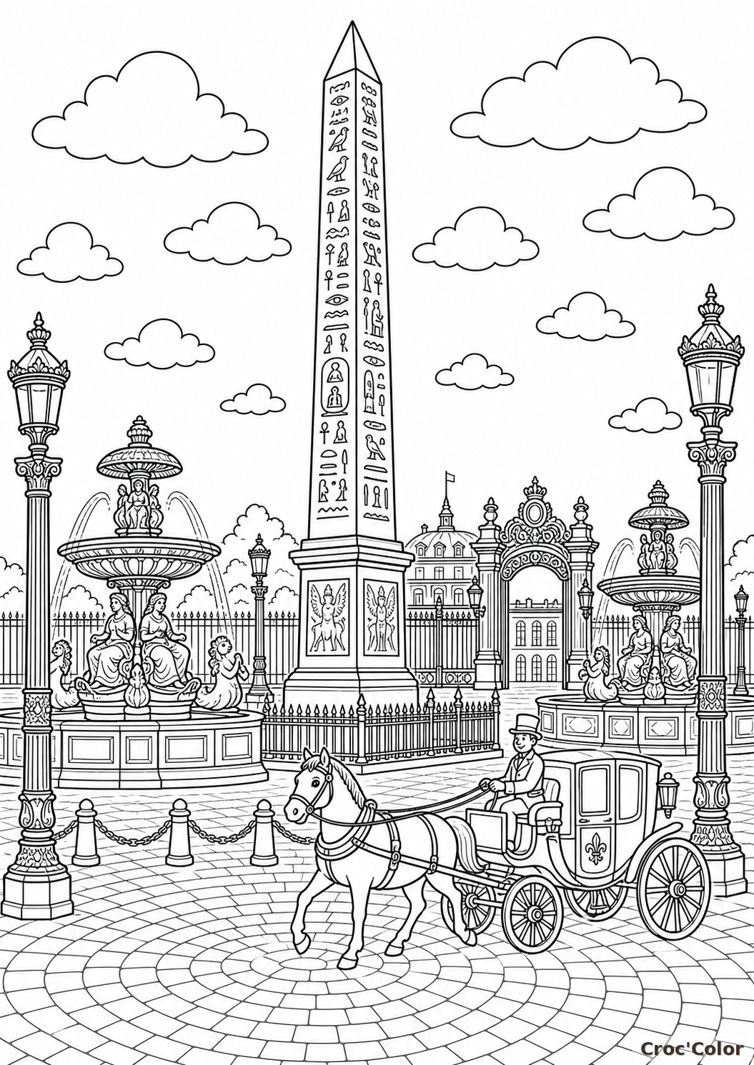 Coloriage Place de la Concorde et Obélisque de Louxor - Dessin Paris Historique à Imprimer