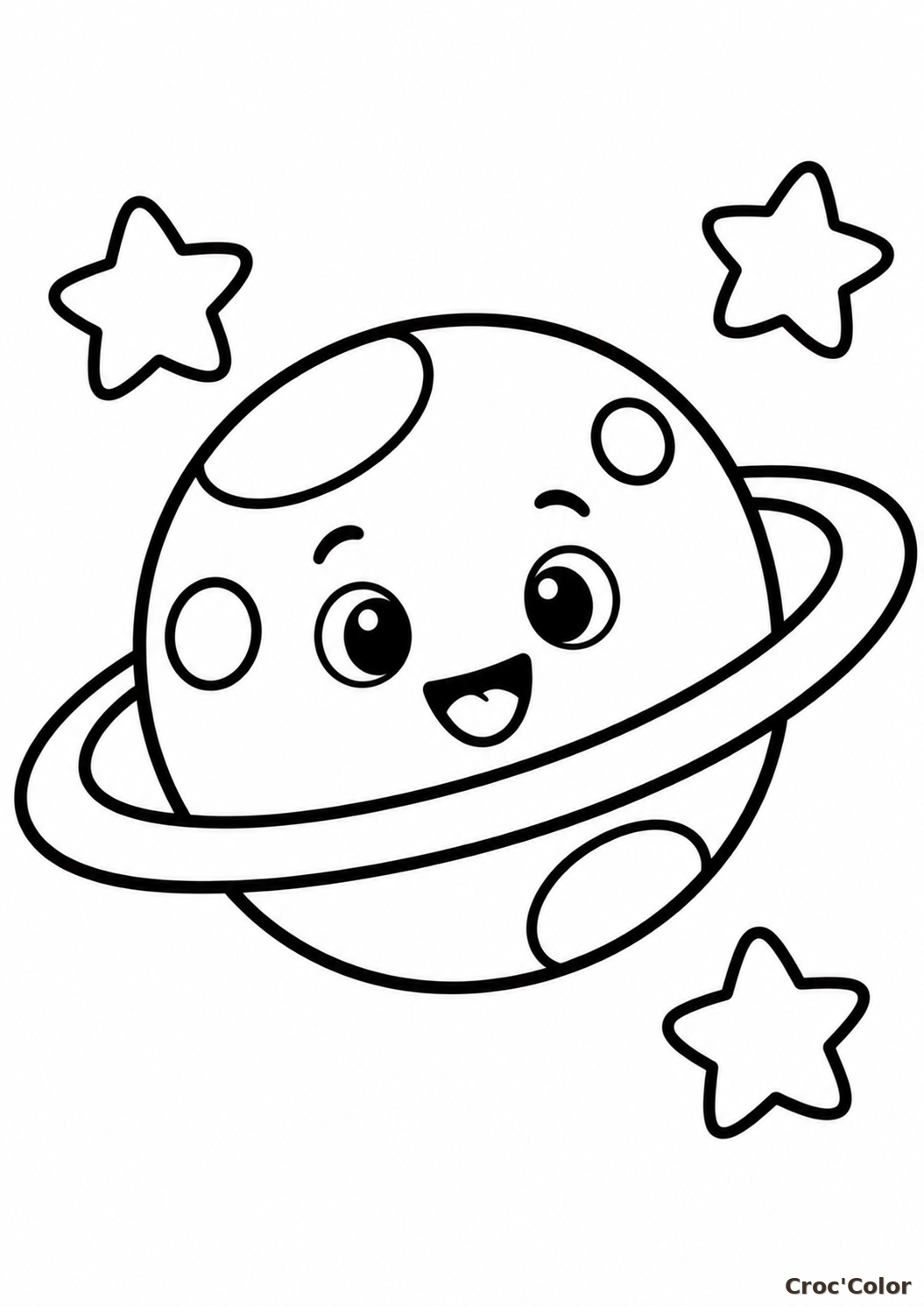 Coloriage Planète Saturne Kawaii Facile Maternelle - Dessin Planète Souriante, Anneau et Étoiles à Imprimer Gratuit