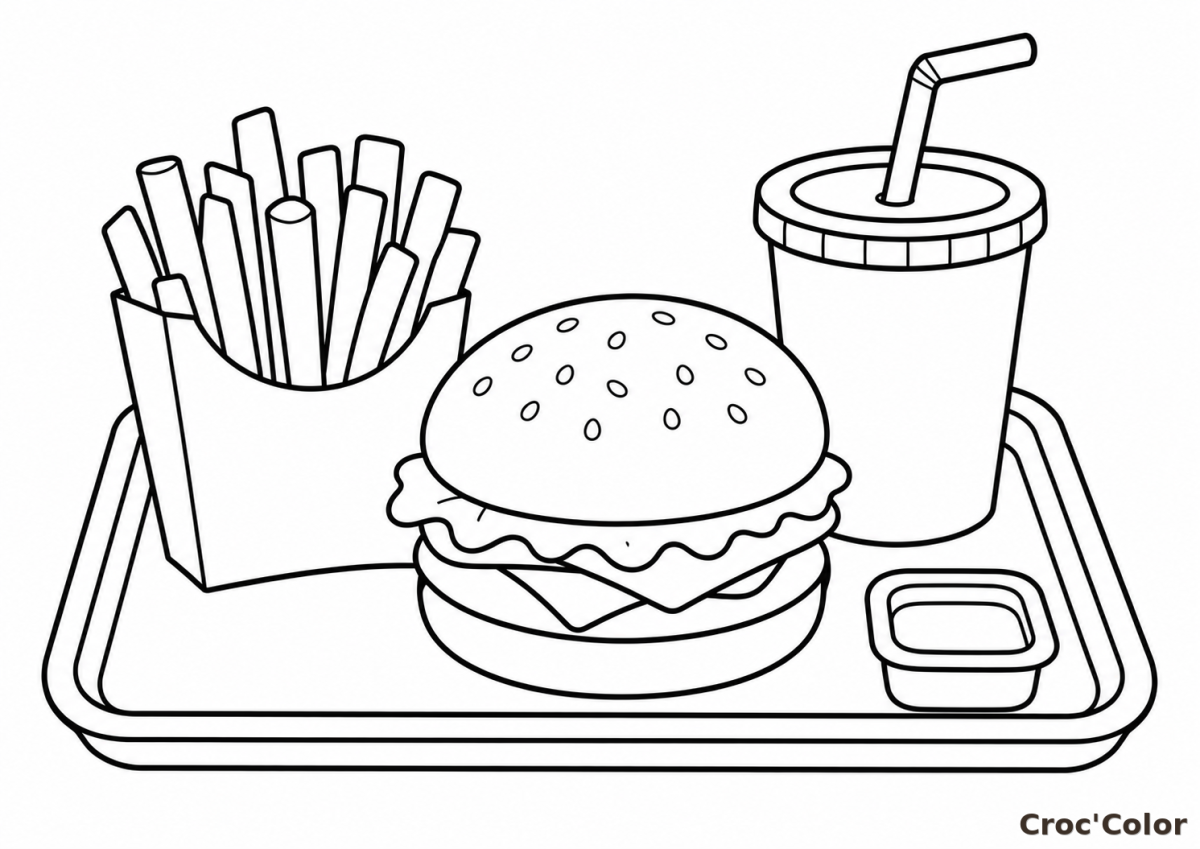 Coloriage Plateau Burger Frites Facile - Dessin Fast-Food, Hamburger, Frites Croustillantes, Boisson et Sauce à Imprimer Gratuit