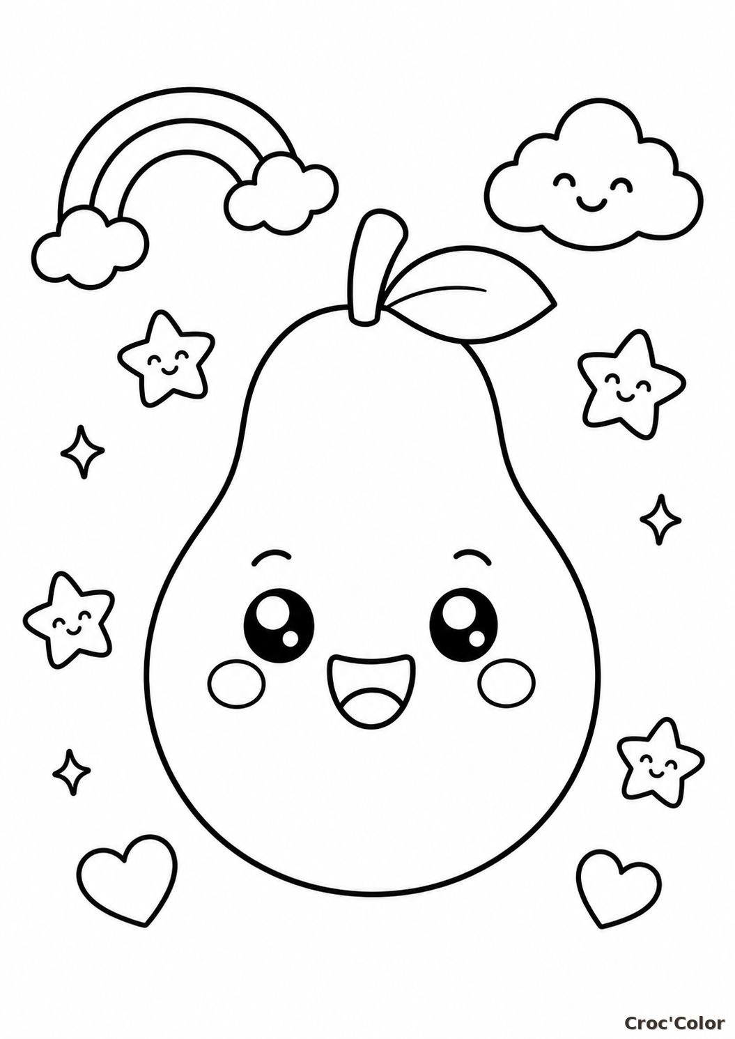 Coloriage Poire Kawaii Rigolote - Dessin de Fruit Facile à Imprimer