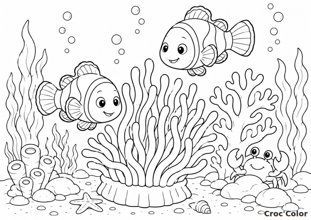 Coloriage Poisson-Clown Facile Maternelle - Dessin Récif Corallien et Mer à Imprimer Gratuit