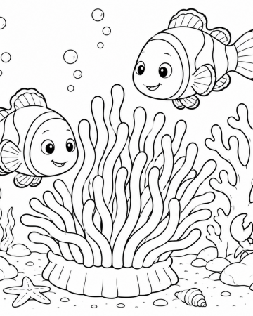 Coloriage Poisson-Clown Facile Maternelle - Dessin Récif Corallien et Mer à Imprimer Gratuit